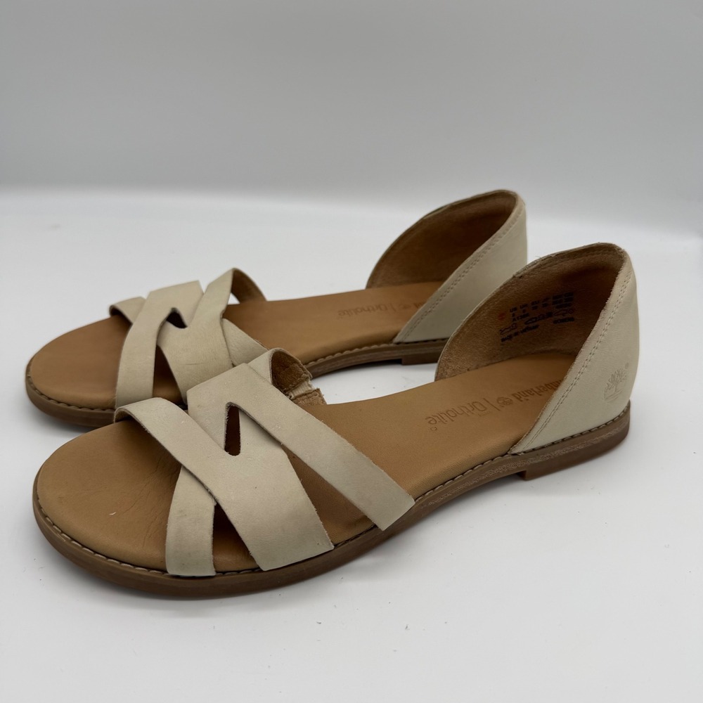 Timberland Caswell Strappy D'Orsay Flat Sandals Beige Leather A1386 Womens 8